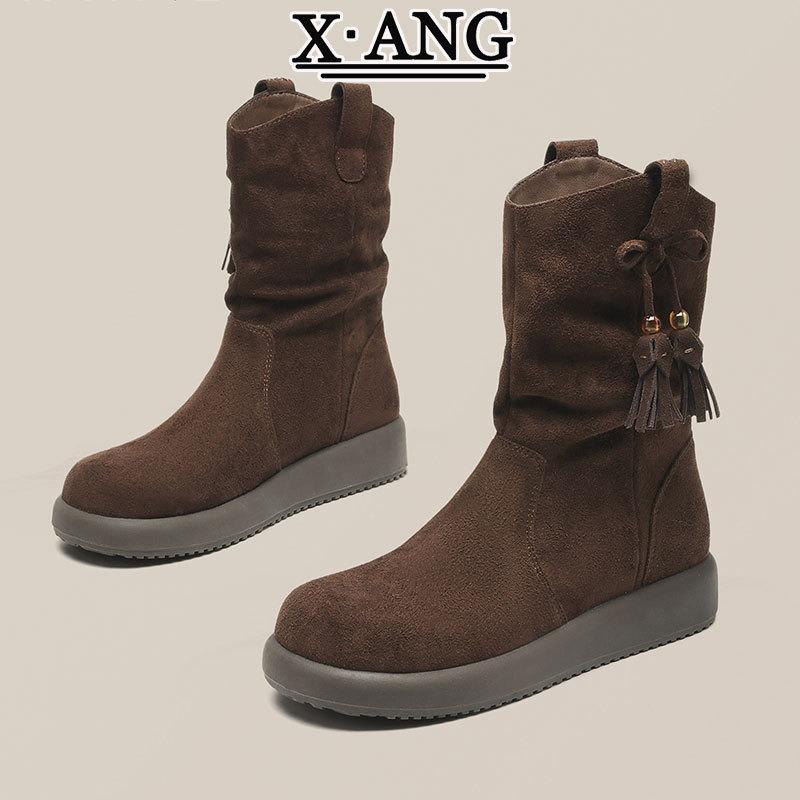 Cowhide Version Brown Boots Women's Medium Boots Pleated Stacking Boots Autumn and Winter New Martin Boots Women's