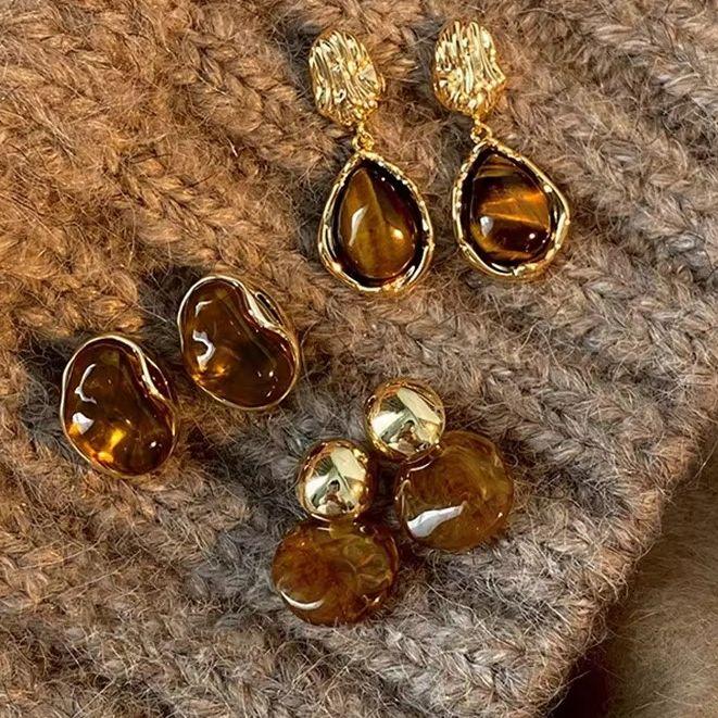 New Brown Resin Tiger Eye Stone Dangle Earrings For Women Fashion  Needle Earring Personality Melard Color Jewelry Gifts
