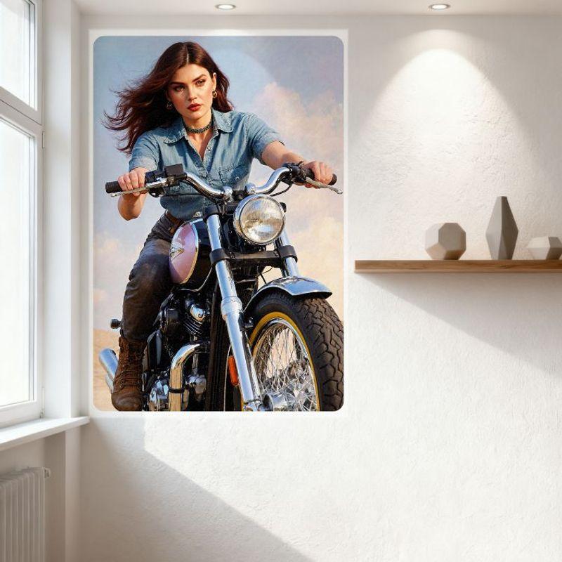 Sexig kvinna på kromad motorcykel Ökenlandskap Plåtskylt Vintage Metallväggdekor för Bar Pub Hemcafé 8x12 tum