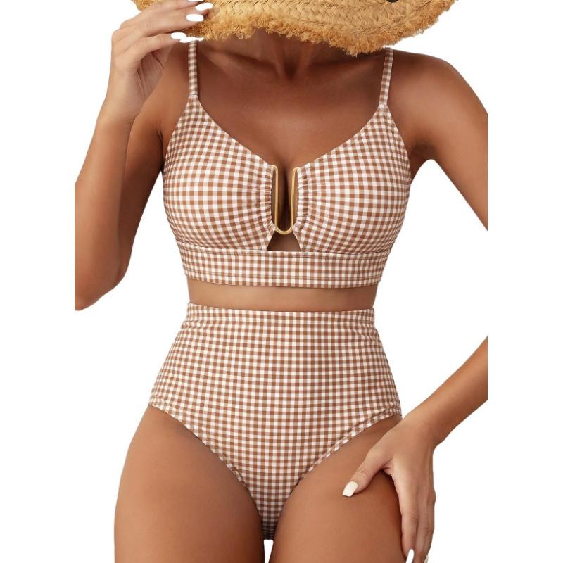 Women Floral High Waisted Bikini U Metal Ring Front Two Piece Spaghetti Strap Beach Swimsuit