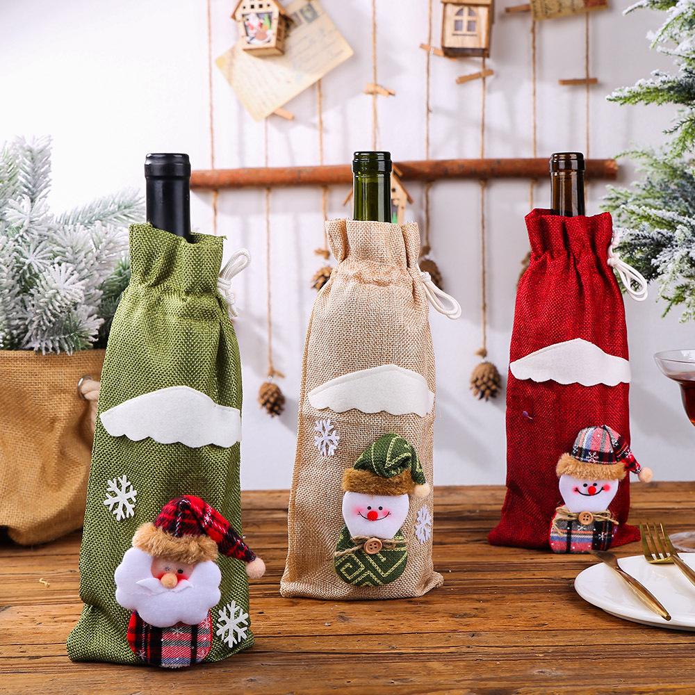 Christmas Wine Bottle Cover - Burlap Gift Bag with Santa & Snowman Design