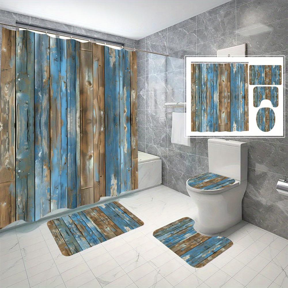 4 Pack Colorful Wood Digital Printing Polyester Shower Curtain Punch-Free Partition Bathroom Set With Waterproof Pad