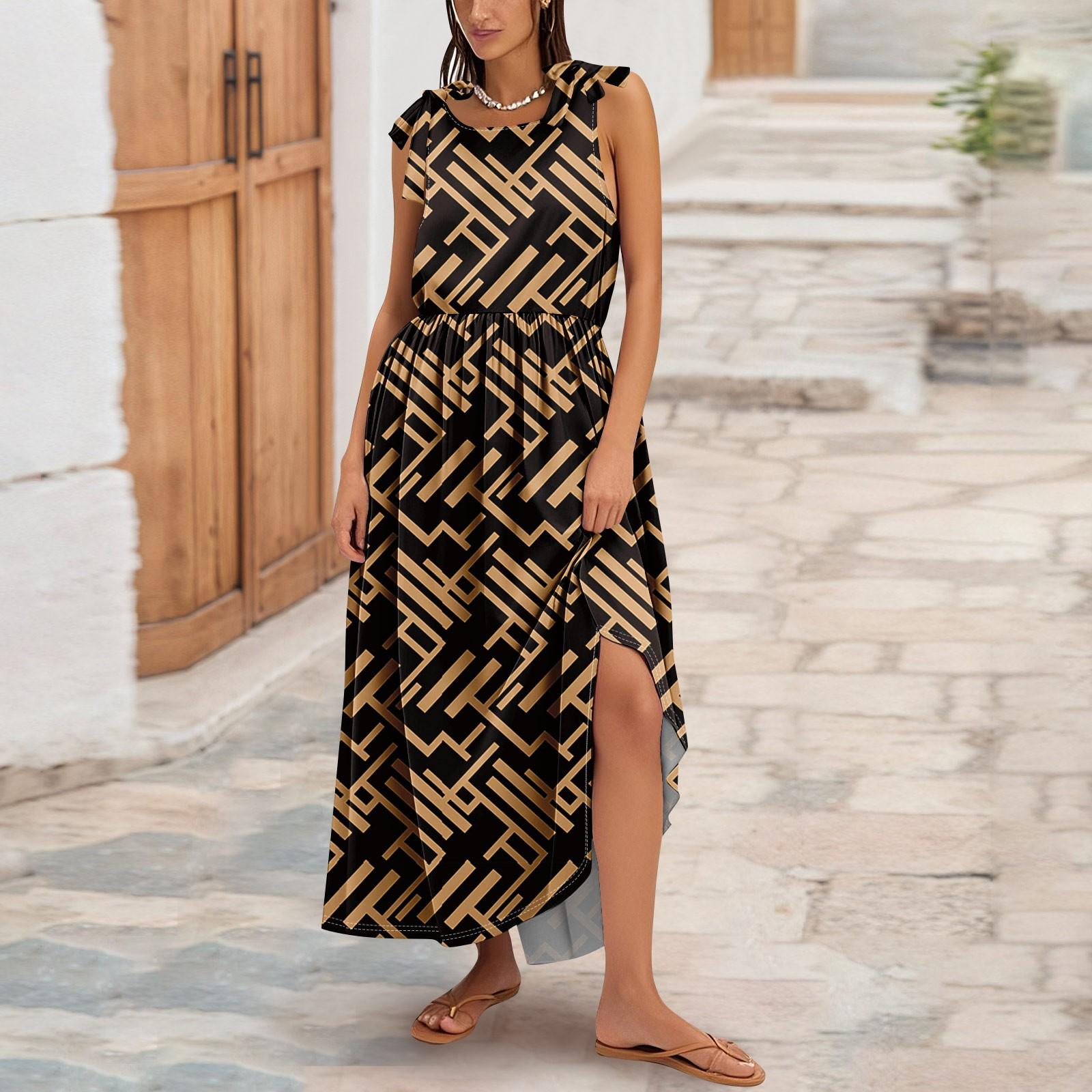 

Женское летнее модное платье-майка А-силуэта без рукавов повседневное платье с цветочным принтом/однотонными карманами M коричневый