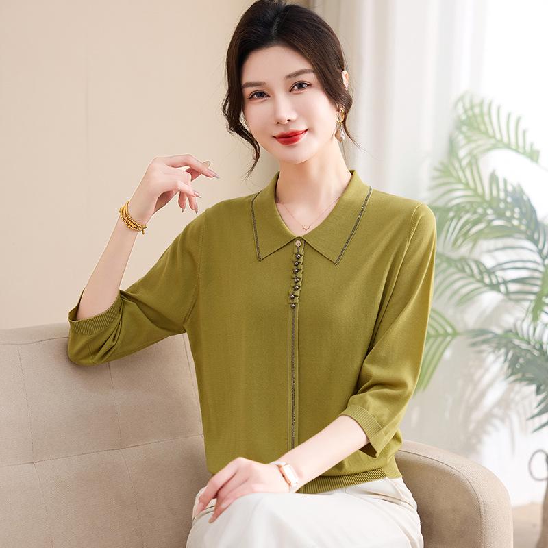 

Lapel 3/4 Sleeve Lyocell Silk T-shirt with Rhinestones for Middle-Aged and Elderly Women 5XL (recommended 150-165 jin)