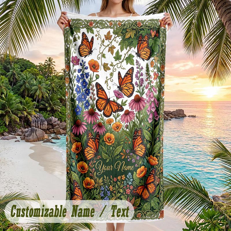 Butterflies Flowers Garden Theme Quick Dry Beach Towel Custom Name Text Print Large Sand Resistant Towel Beach Vacation