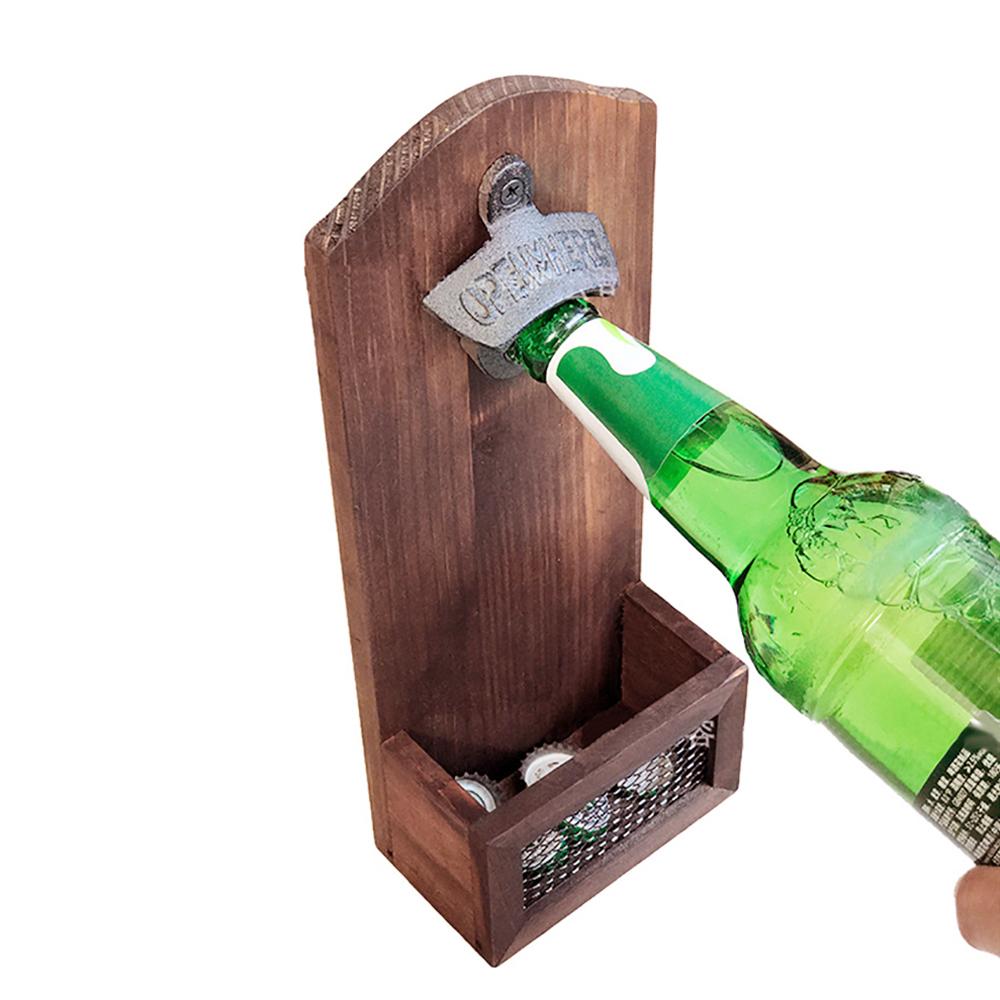 Wall Mounted Beer Bottle Opener Wooden Soda Beer Wine Bottle Opener Vintage Bottle Opener with Cap Catcher for Kitchen Party Bar