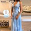 Xijun Sexy Blue Silk Satin Long Evening Dresses V-Neck Sleeveless Prom Dresses Saudi Araric Formal Occasion Prom Gowns Customize
