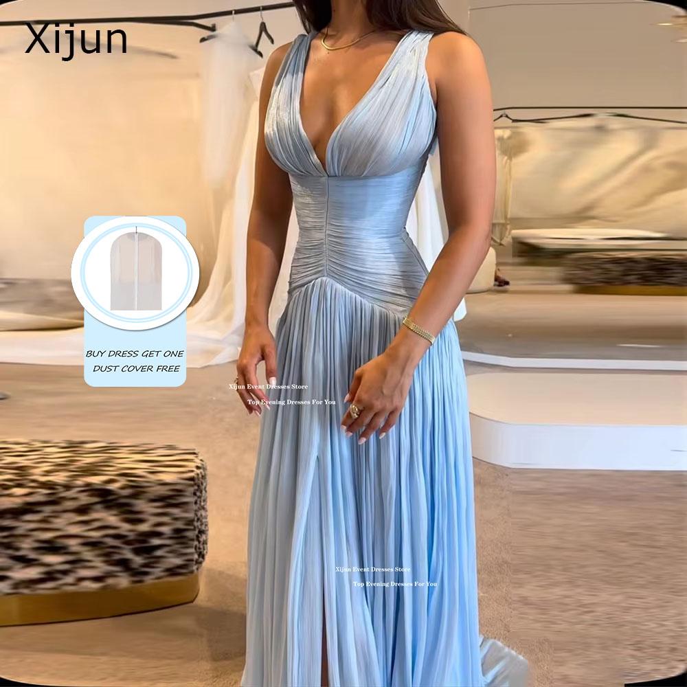 Xijun Sexy Blue Silk Satin Long Evening Dresses V-Neck Sleeveless Prom Dresses Saudi Araric Formal Occasion Prom Gowns Customize