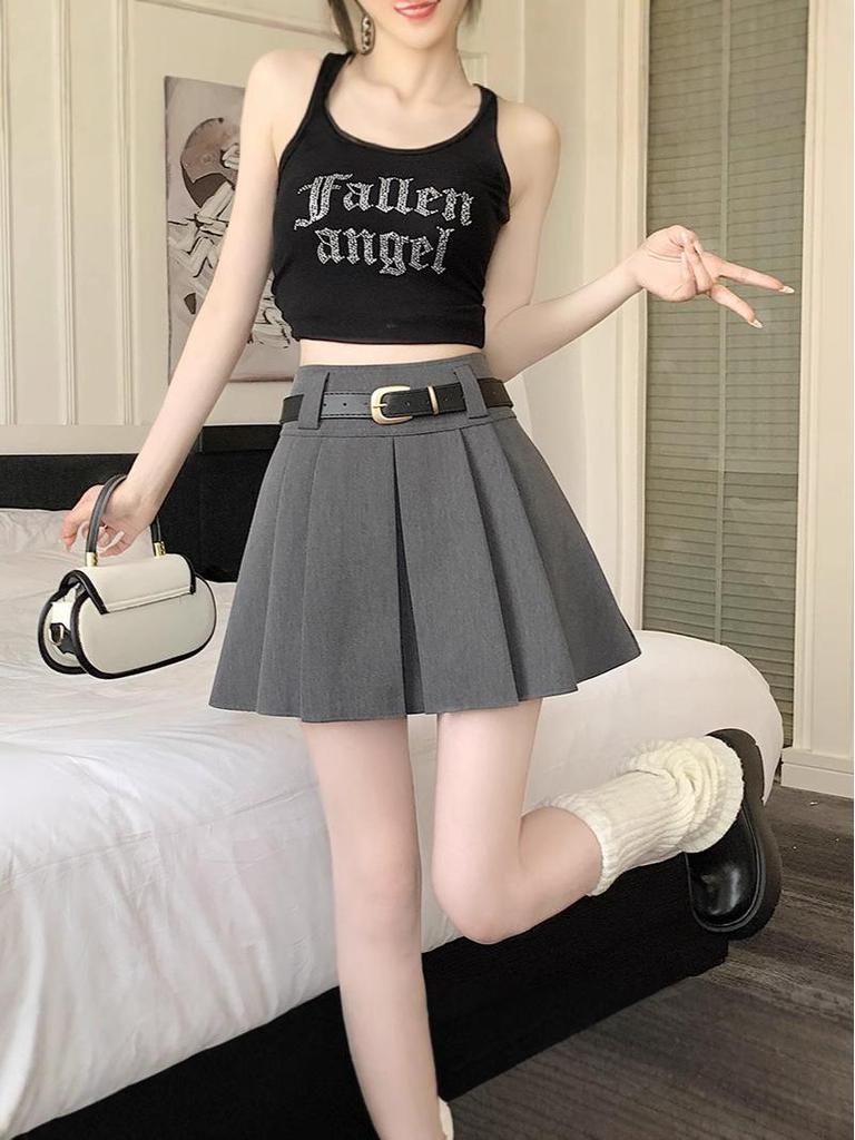 2025 Gray High-Waisted Academy Style Petite Pleated Summer Skirt