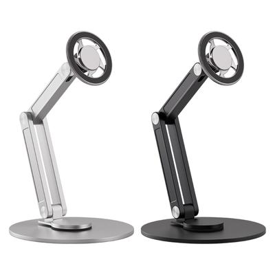 Aluminum Magnetic Phone Mount Stand With Height Adjustment 360 Degree Rotation Foldable Base For Tablets And Smartphones