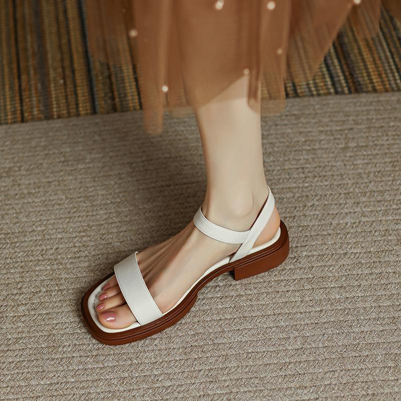 Fashion Leather Flat Sandals Women's Summer New Comfortable Soft Sole Thick Heel with Open Toe Roman Shoes