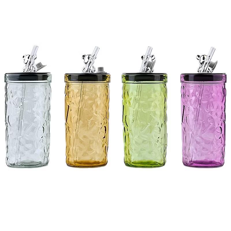 OLOEY Diamond Bear Glass Tumbler with Lid and Straw