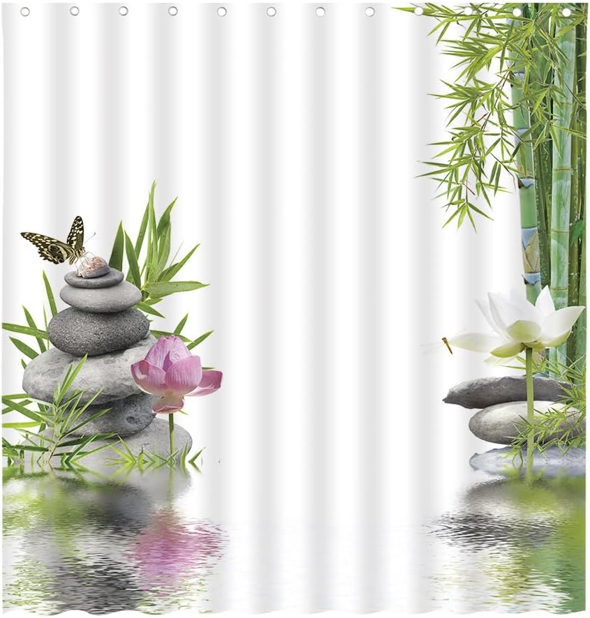 Spring Landscape Shower Curtains Green Bamboo Lotus Butterfly Dragonfly Japanese Meditation SPA Themed Bathroom Decor Polyester