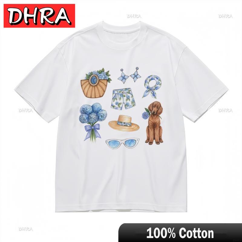 Womens Comfy Classic TShirt Colorful Blue Flowers and Accessories Graphic Tee Weekend Style TShirt New Zealand Boyfriend S