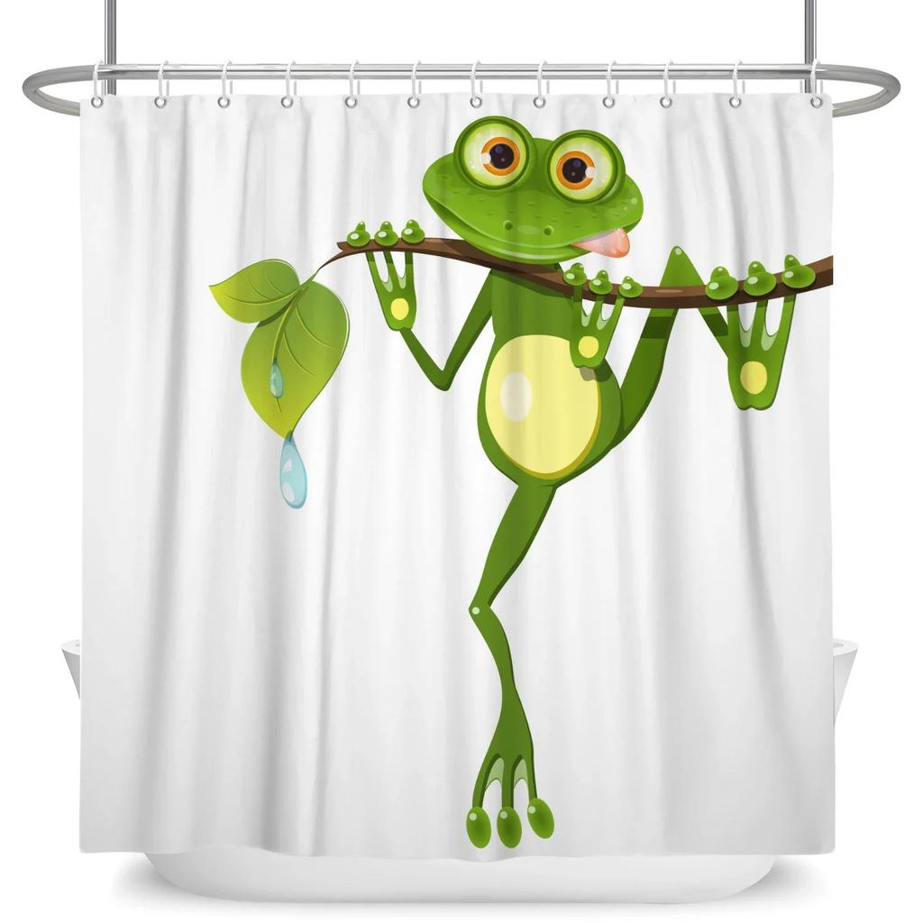 Funny Frog Cartoon Shower Curtain Sets Leaf Animal Creative Children Bathroom Decor Waterproof Fabric Home Hooks Bath Curtains