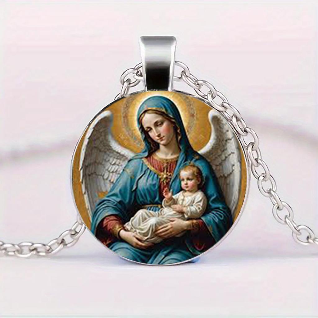 Virgin Mary Mother of Jesus Pendant Necklace, Christian Time Gem Pendant