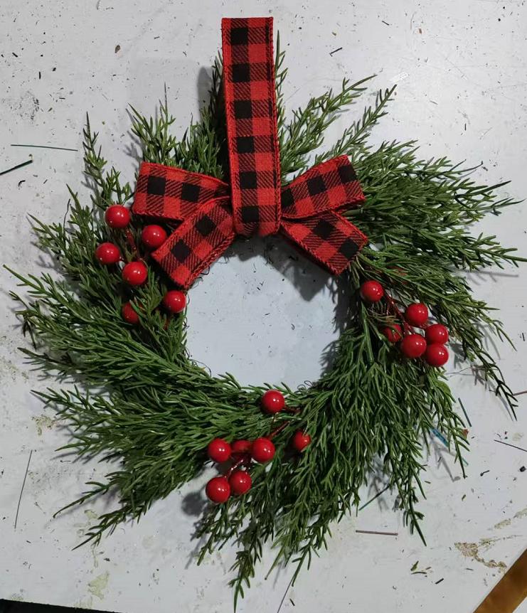 Christmas Kitchen Cabinet Wreaths With Plaid Bow Ribbon Hanging Cabinet Doors Wreaths Decorative For Kitchen Window Outdoor Indoor Holiday Decor