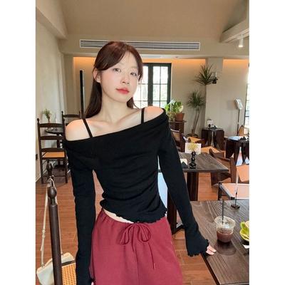 Fake Two-piece Off-shoulder Spliced Long-sleeved T-shirt for Women In Autumn New Slim-fitting Ear-hem Bottoming Top