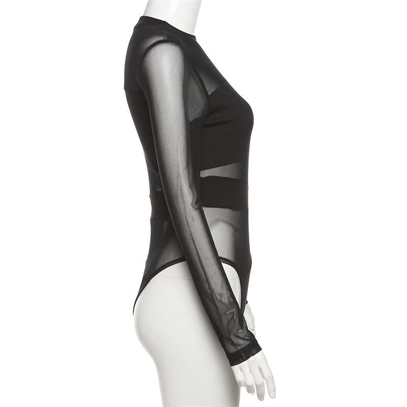 European American Stylish Black Mesh See-Through Long Sleeve T-shirt Women's Sexy Slim Fit Cut-out Bodysuit