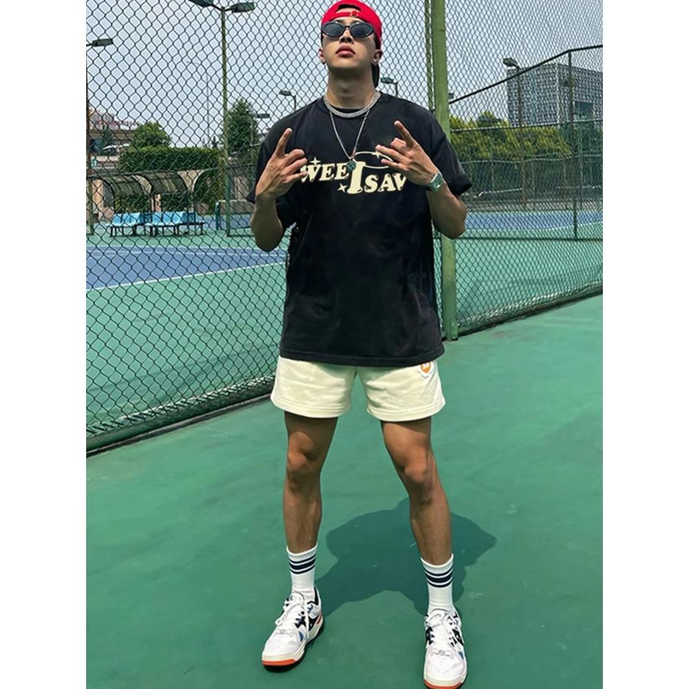 Summer Fashion Heavyweight Retro Men's English Letters 100% Cotton Printed Round Neck High-quality Casual Fitness Street T-shirt