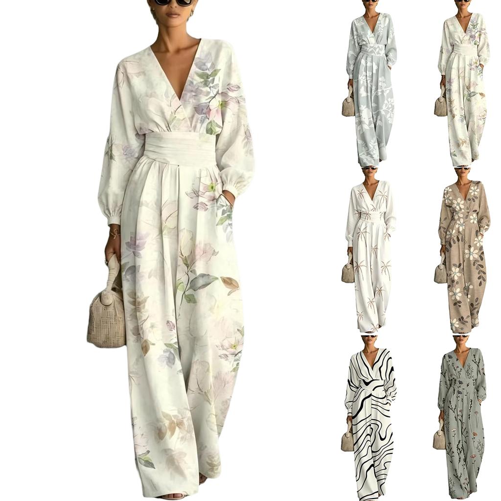 Women's Elegant V-Neck Waist-Defining Printed Jumpsuit for Evening Wear