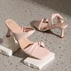 Fashion Pleated Stiletto Slippers Summer New Square Toe Open Toe Anti-slip Wear-resistant High Heels