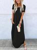 Women's Round Neck Short Sleeve Maxi Dress Loose Fit High Waist Solid A Line T Shirt Dress With Side Pockets