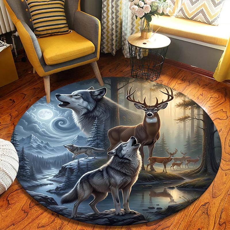 Deer Bear Wolf Round Area Rug,Carpet Rug for Living Room Bedroom Sofa Playroom Decor,Non-slip Floor Mat