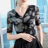 Tie-dye V-neck Mesh Top New Style Early Autumn Inner Bottoming Shirt Slim Fit and Slim Mid-sleeved Women's T-shirt