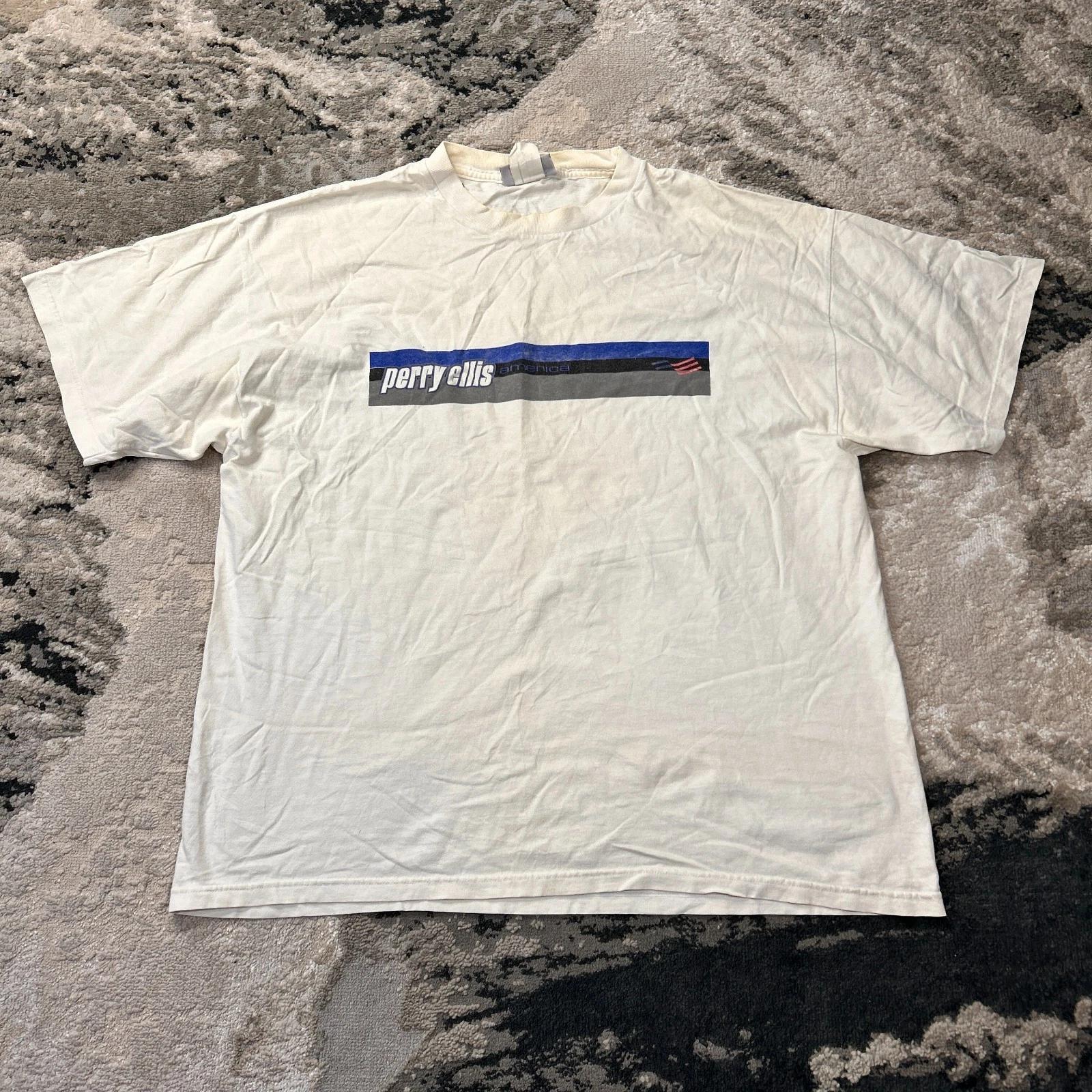 Perry Ellis America T Shirt Mens XL White Cotton Made In Usa Vtg Nascar Graphic 2XL