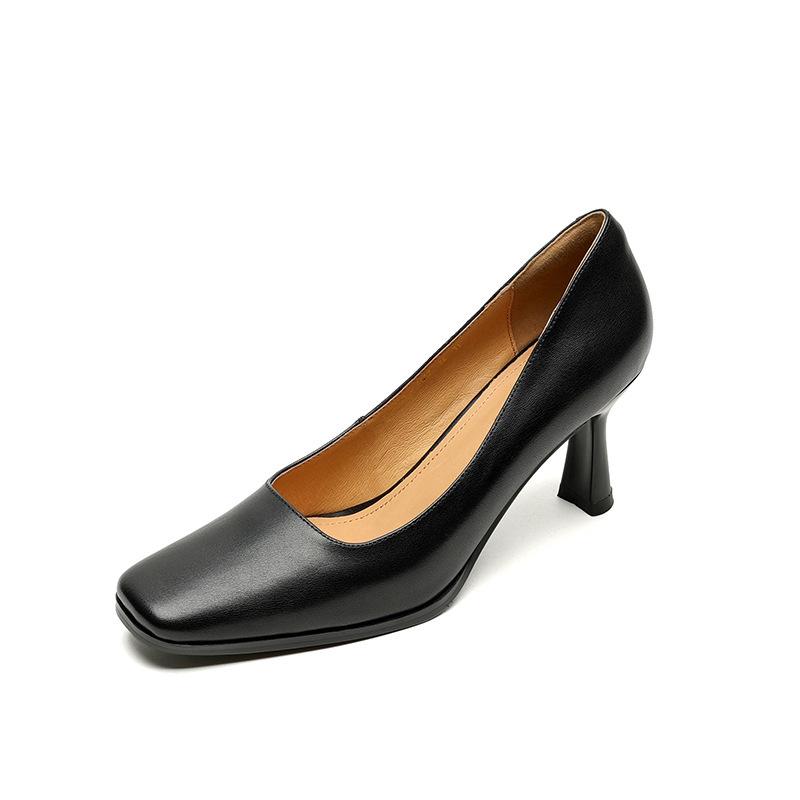 New Leather Women's Single Shoes, Comfortable Square Head, Four-season Wear Women's Shoes, High Heels, Small Leather Shoes, Thin Heels, Beef Tendon