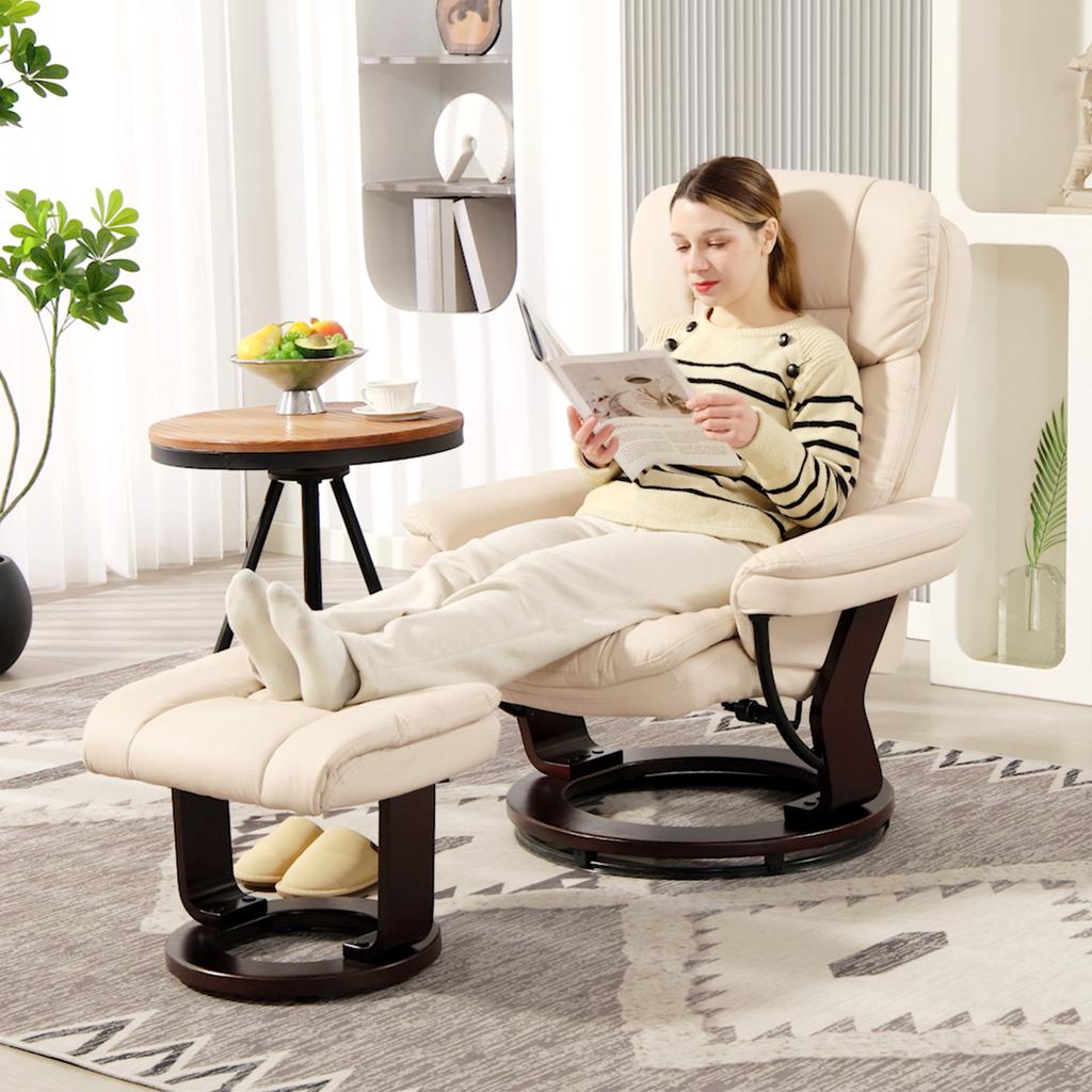 Recliner Chair with Footstool, Adjustable Chair, Faux Leather Cover, Upholstered Chair with Foldable Backrest, Cream White