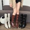 Autumn Winter Pointed Toe Ladies Knee High Shaft Shoes Middle Heel Buckle Leather Women's Long Boots Chic and Elegant Footwear