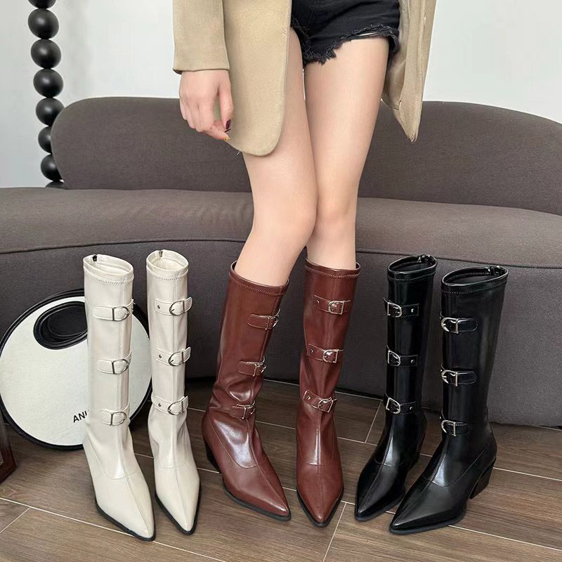 Autumn Winter Pointed Toe Ladies Knee High Shaft Shoes Middle Heel Buckle Leather Women's Long Boots Chic and Elegant Footwear