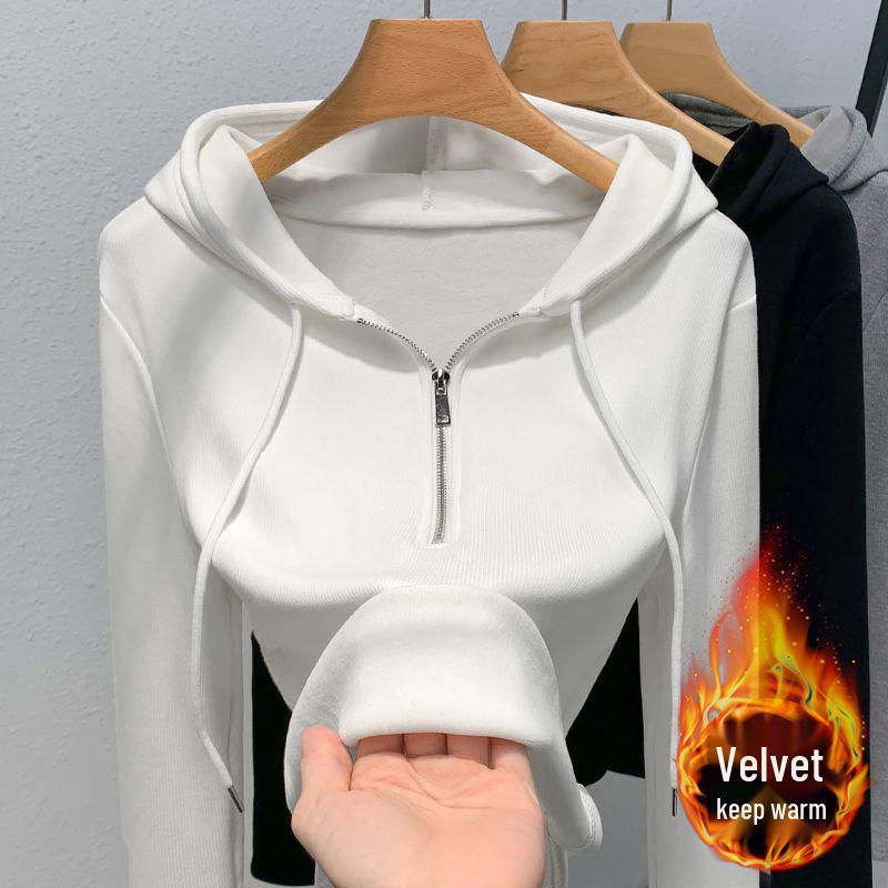Women's Silver Fox Fleece-Lined Hooded Half-Zip Slim-Fit T-Shirt for Autumn/Winter 2025.