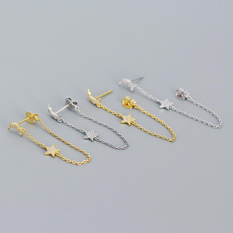 Fine Jewelry 925 Sterling Silver Tassel Chain Stud Earrings 18K Gold Plated Moon and Star hang Chain Earrings for Women