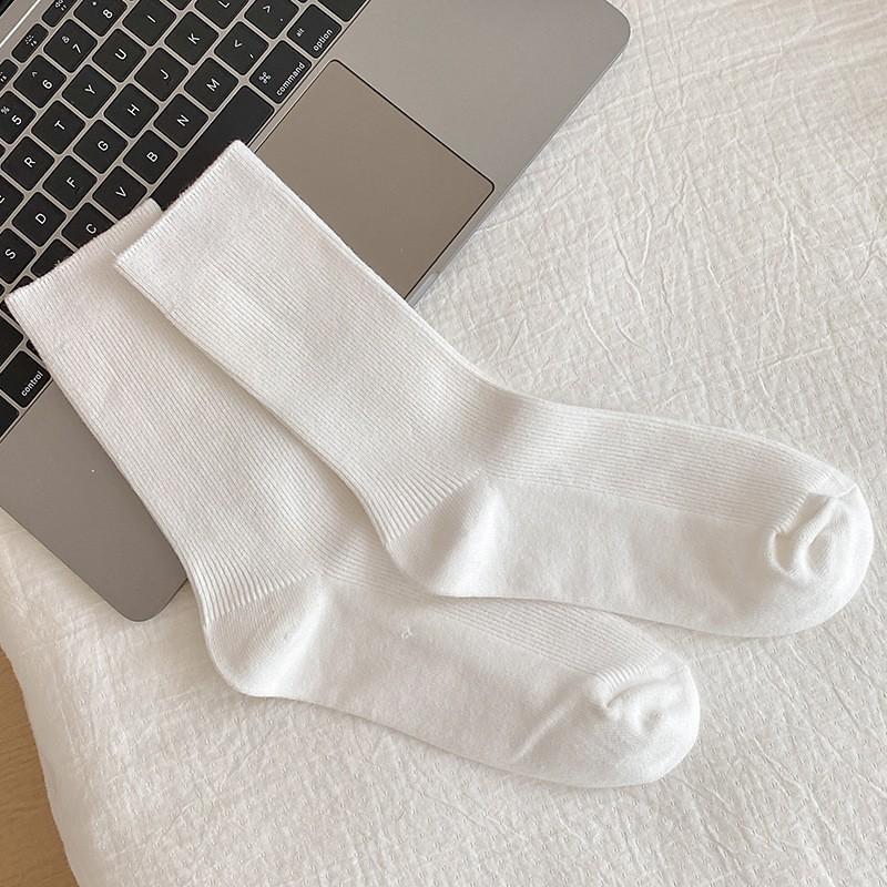 Chaussettes Coton Pur Gris Chaussettes à Empiler Saison Double Aiguille Sans Couture Couleur Unie Absorbant la Transpiration et Désodorant Coton Chaussettes Mi-Haut