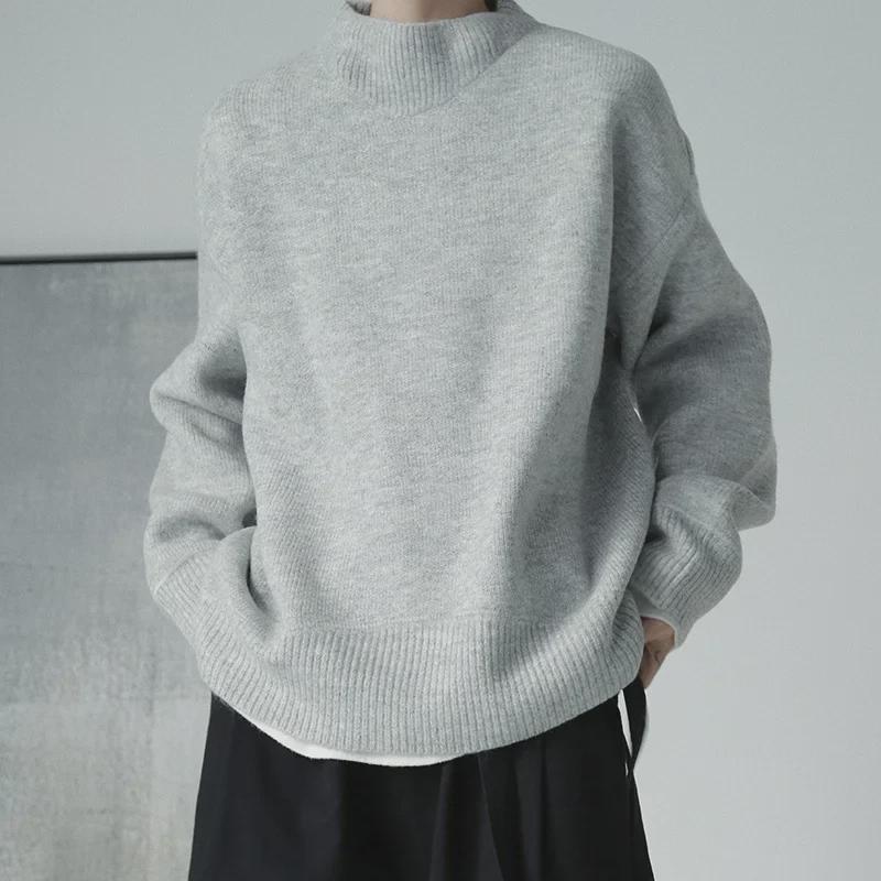 Men's Arctic Velvet Soft Knit Half-Turtleneck Sweater - Autumn/Winter Solid Color, Loose, Warm, Basic Style