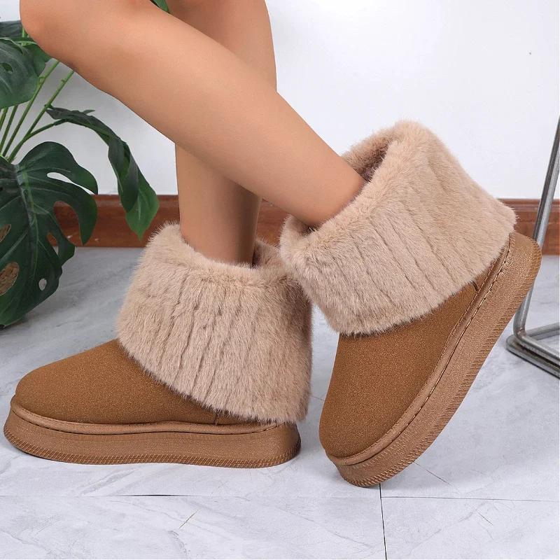 Stylish Flat Sole Elegant Solid Color Warm Plus Velvet Snow Boots Comfortable Casual New Style Short Boots Women Zapatos Mujer