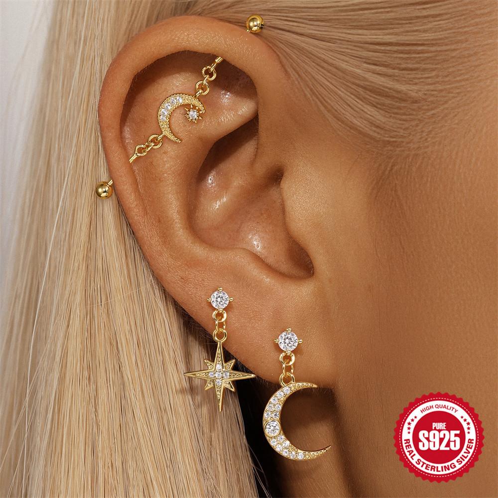 S925 Zircon Industrial Piercing Chain Barbell Thread Ear Nail