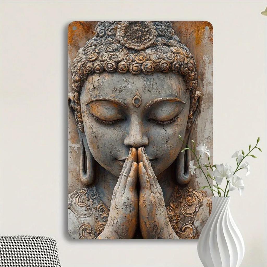 Vintage Golden Leaf Buddha Aluminum Sign | Retro Metal Wall Art – Easy-Install Decor for Home, Garden & Room Spaces