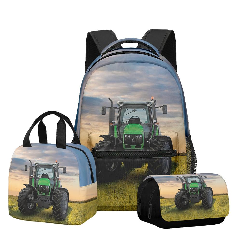 Classic Novelty Cool Tractor pattern 3D Printed 3pcs/Set Student School Bags Laptop Daypack Backpack Lunch bag Pencil Case