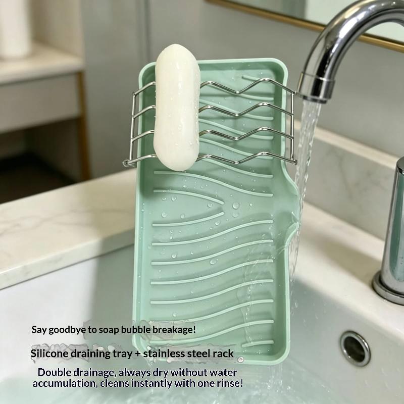 Silicone Draining Soap Holder With Stainless Steel Rack Perfect For Kitchen Sink Bathroom Countertop Daily Use