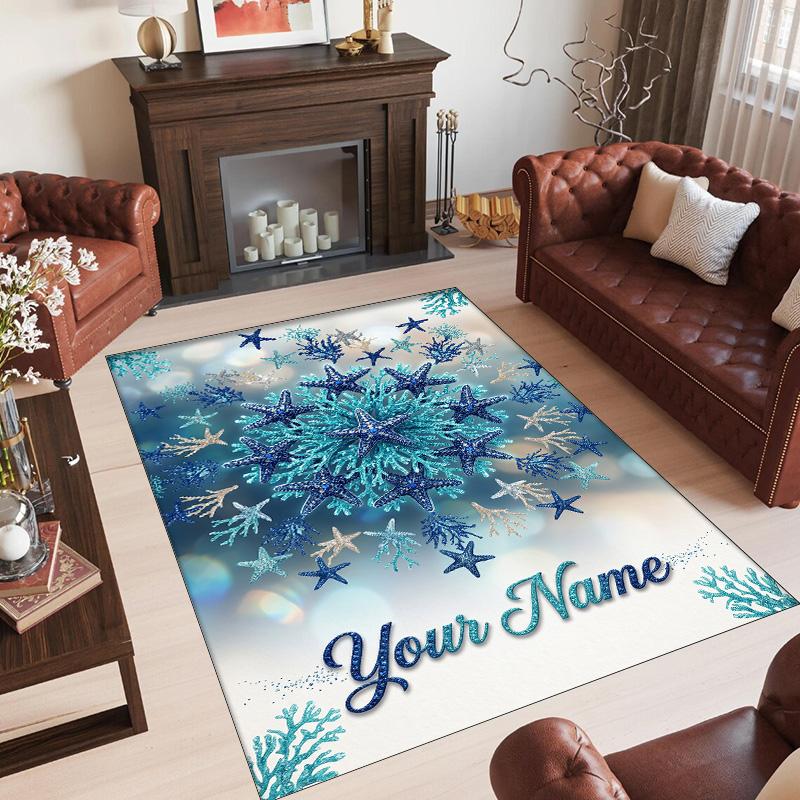 Snow Theme Crystal Velvet Floor Rug Personalized Custom Name Text Warm Carpet Home Decoration