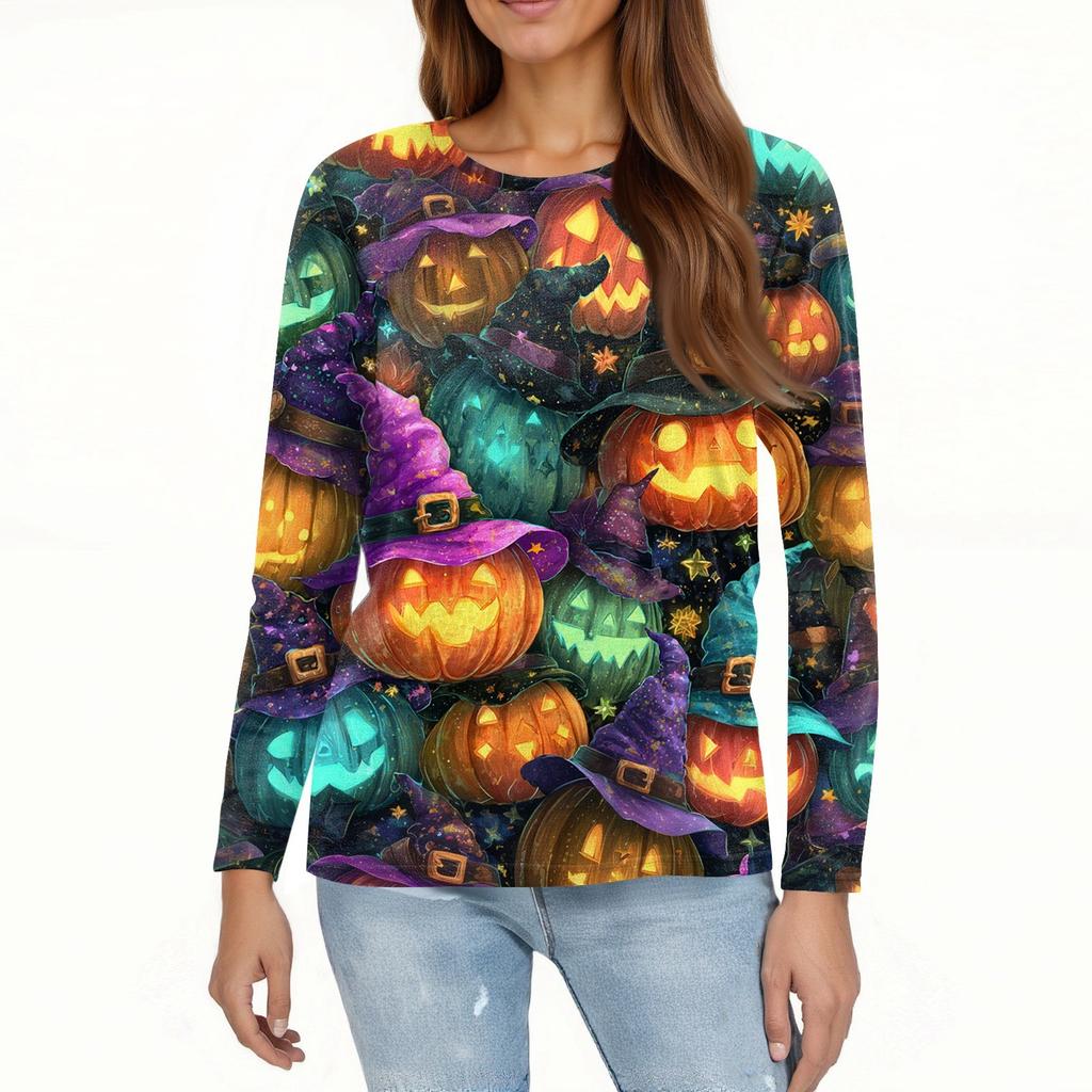 Dames casual top met lange mouwen en Halloweenprint, ronde hals