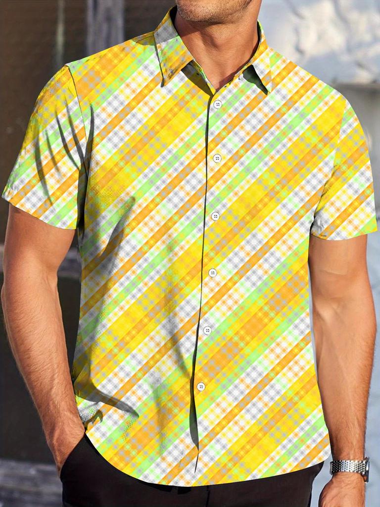 Men'S Oversized Short-Sleeve Shirt Featuring a Vibrant Yellow-Green Check Pattern, Made from 120G Lightweight Polyester, with a Traditional Collar And