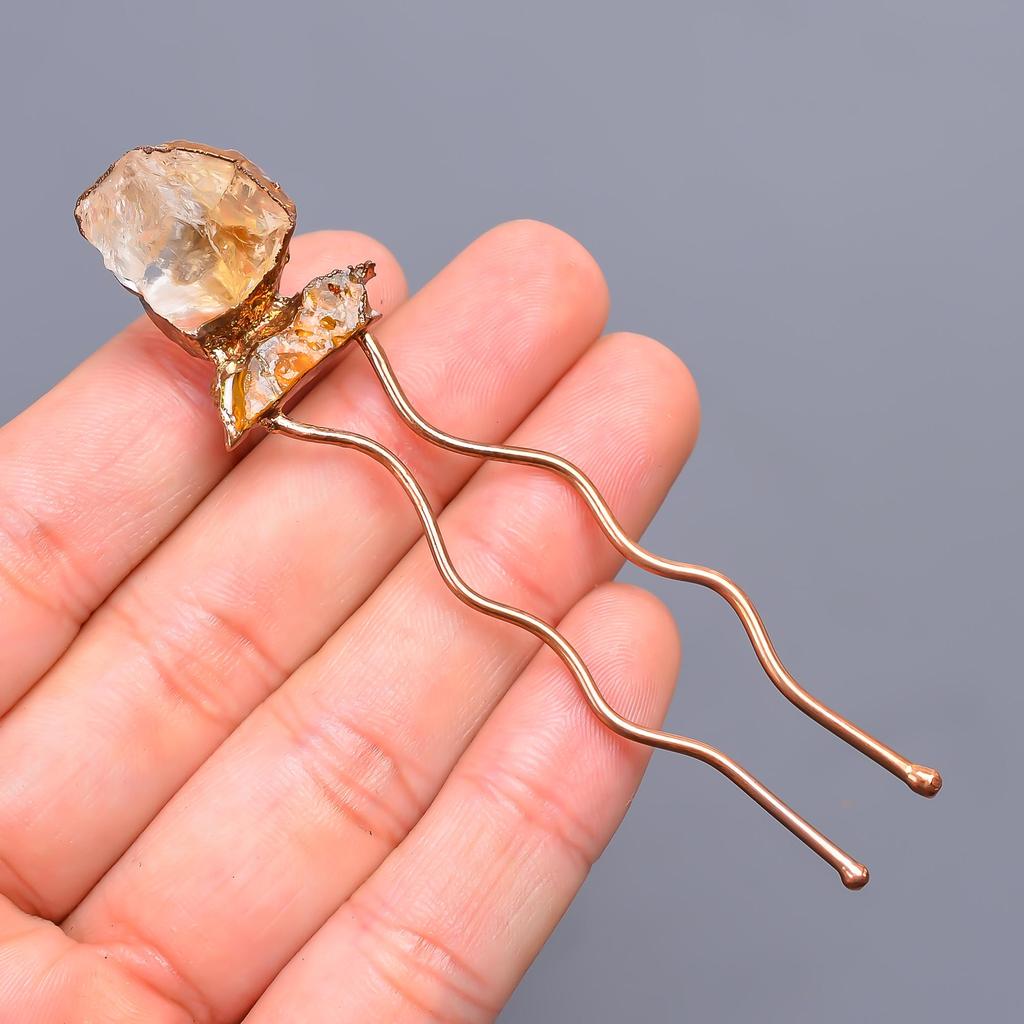 Natural Citrine Rough Ethnic Handmade Jewelry Bun Stick 3.5 Inch / Electroplated Copper Gold Filled Hair Pin Christmas Sale For Mother Wife