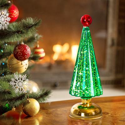 Glass Christmas Tree Small Tabletop Lighted Xmas Tree Figurine Battery Operated Mini Tree Lamp for Home Table Fireplace Mantel Decor