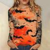 Fashionable 3D digital printed Halloween bat pattern women's round neck long sleeved T-shirt
