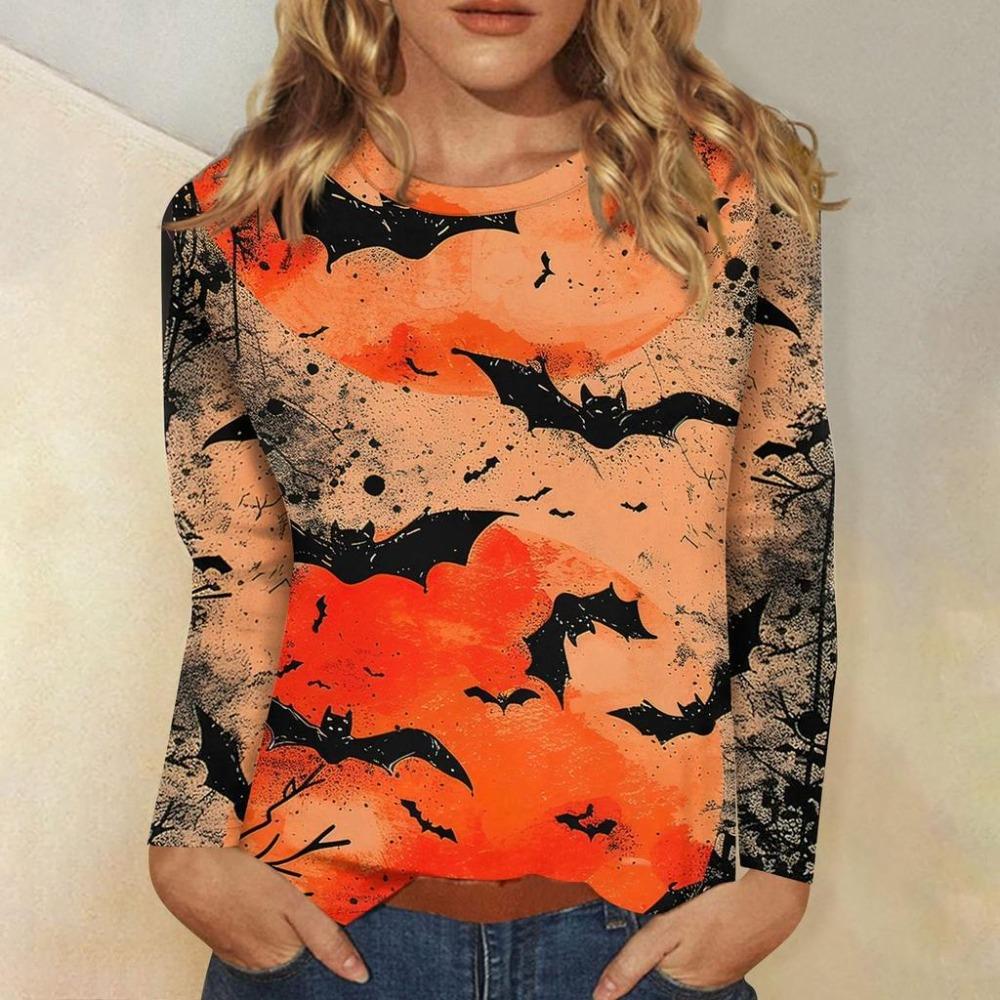 Fashionable 3D digital printed Halloween bat pattern women's round neck long sleeved T-shirt